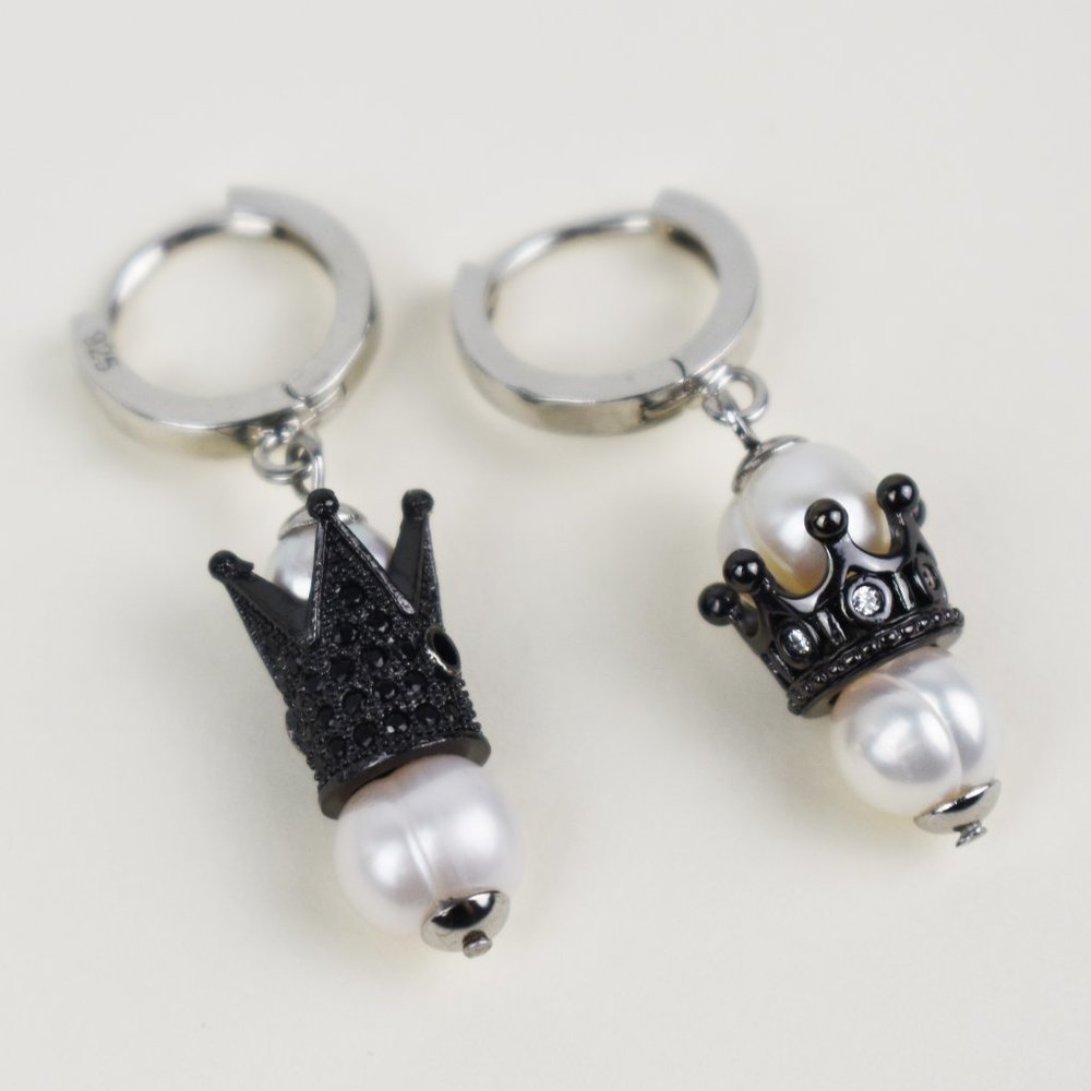 Quirky pearl and crown drop earrings, eye catching asymmetrical earrings